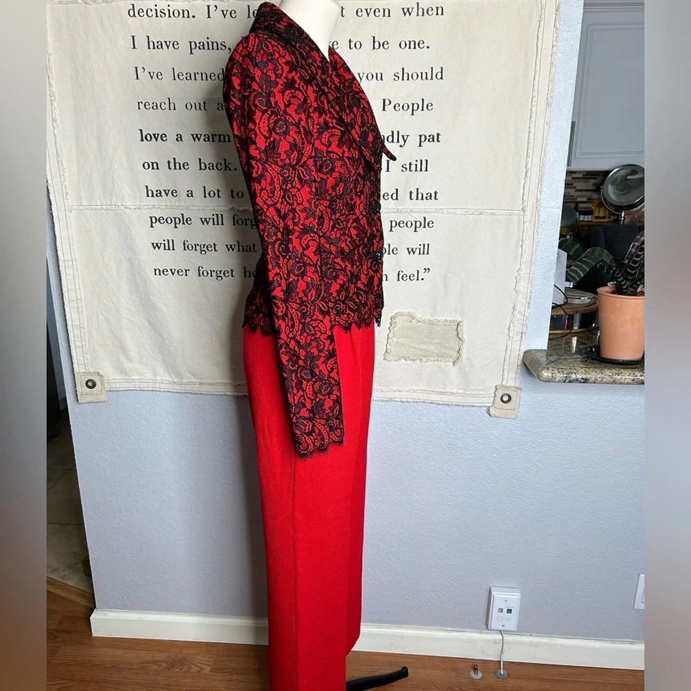 St.John floral lace jacket in Crimson with red Santana knit pants - Picture 6 of 6